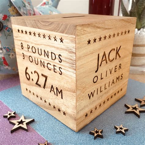 Personalised gift box with name. Personalised Wooden Money Box With Stars Border
