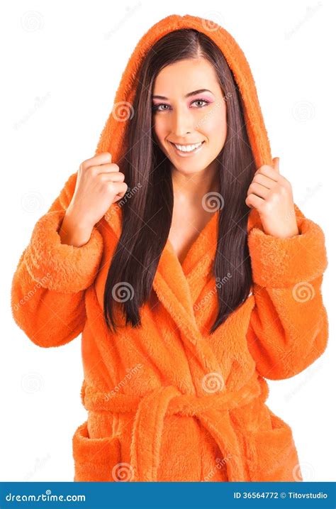 Cute Brunette In An Orange Bathrobe Stock Photo Image Of Girl Smile