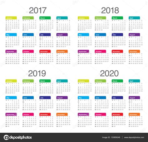 Einfache Kalendervorlage Für 2017 Bis 2020 Stock Vektorgrafik Von