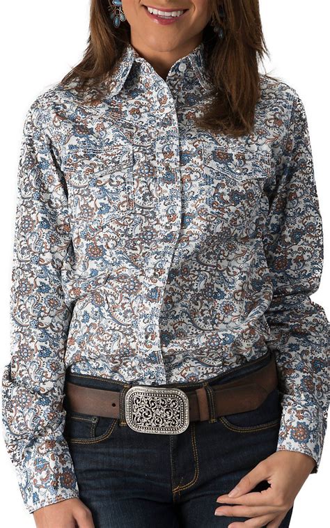 Wired Heart Womens White With Blue And Brown Paisley Long Sleeve Western Shirt Ladies Western