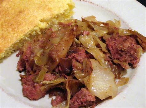 Chunks of the corned beef and the potatoes. Fried Cabbage And Corned Beef Recipe | Just A Pinch Recipes