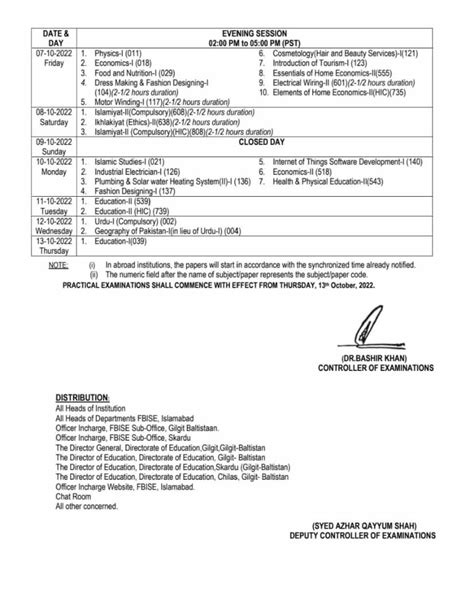 Fbise Federal Board Ssc Part I And Ii 2nd Annual Exams Date Sheet 2022