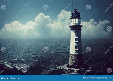 White Sea Lighthouses At Very Edge Of Shore Against Grey Blue Sky Stock