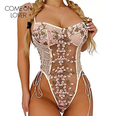 Comeonlover Women Lingerie Bodysuit One Piece Floral Teddy Sexy Mesh Sheer Embroidered Bodysuit