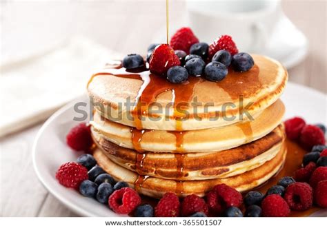 Pancakes Berries Maple Syrup Stock Photo Edit Now 365501507