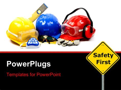 Powerpoint Template Safety Gear Kit Close Up With Safety First Sign