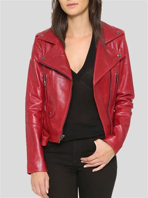 Womens Red Biker Jacket Moto Racer Leather Jacket