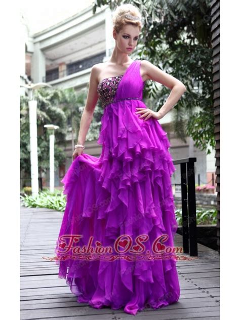Purple Empire One Shoulder Floor Length Chiffon Beading Prom Dress 14036