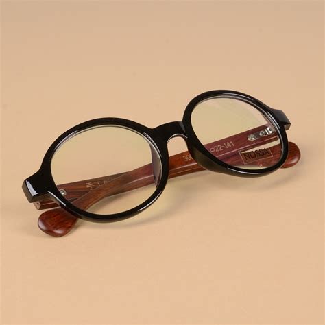 Black Round Frame Wooden Optical Glasses Clear Lens Vintage Wood