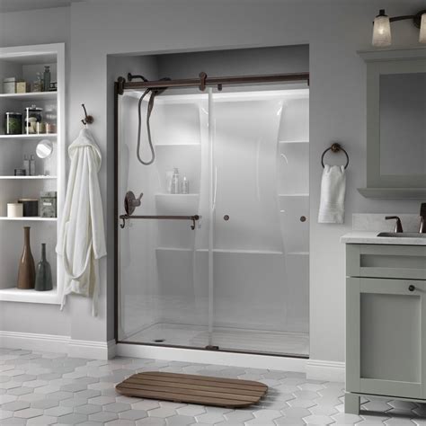 delta portman 60 in x 71 in semi frameless contemporary sliding shower door in bronze with