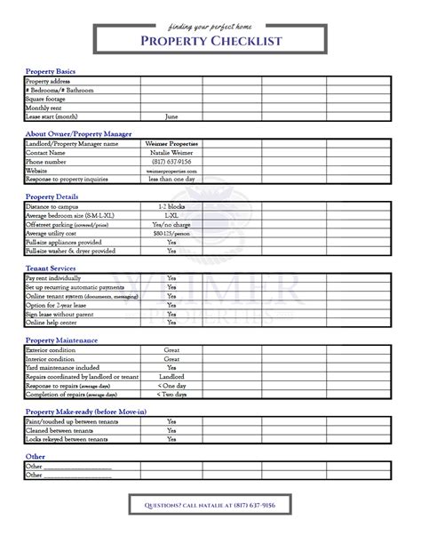 Property Checklist Weimer Properties