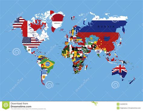 World Map Colored In Countries Flags And Names Royalty Free