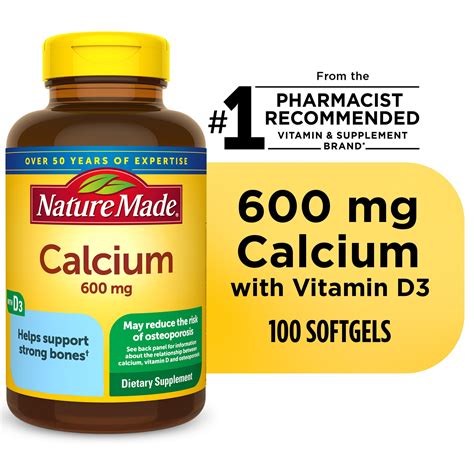 Nature Made Calcium 600 Mg With Vitamin D3 Softgels Dietary Supplement 100 Count