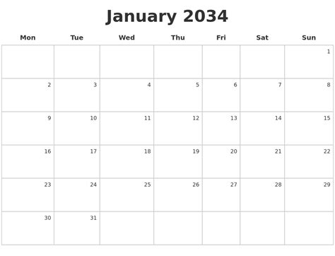 January 2034 Make A Calendar