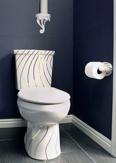 Gold Swirling Lines Toilet In Navy Bathroom Powder Room