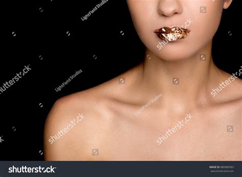 Cropped View Fashionable Naked Woman Golden Stock Photo