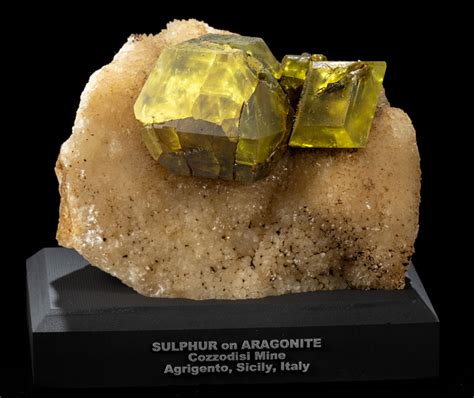 Large Sulfur Crystals On Aragonite From Cozzodisi Mine In Italy