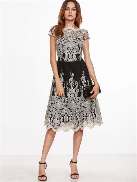 Shop Contrast Fit And Flare Embroidered Mesh Dress Online Shein Offers