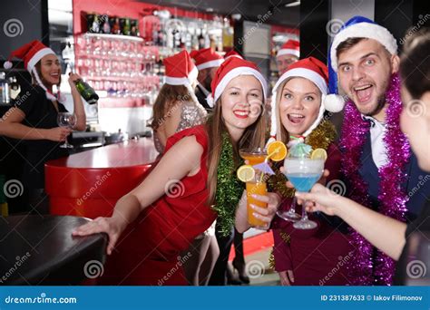 Guy With Two Girls On New Year Party In Bar Stock Image Image Of Event Club 231387633