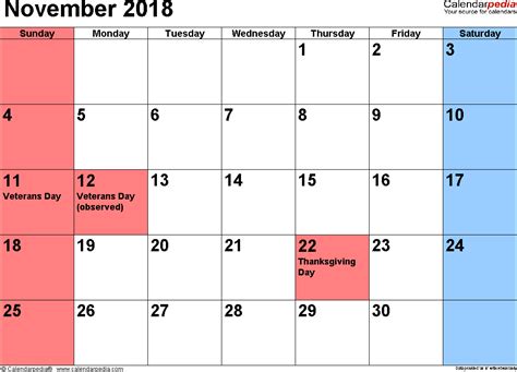 November 2018 Calendars For Word Excel And Pdf