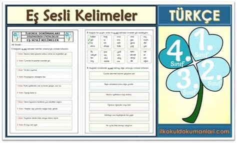 4. Sınıf Eş Sesli Kelimeler Etkinlik Sayfası - İlkokul Dökümanları