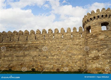Ancient Fortress Wall And Watchtower In Baku Old Town Azerbaijan Stock