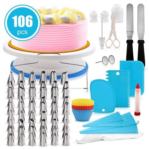Fashionhome 106pcs Cake Decorating Piping Set Rotating Turntable Stand