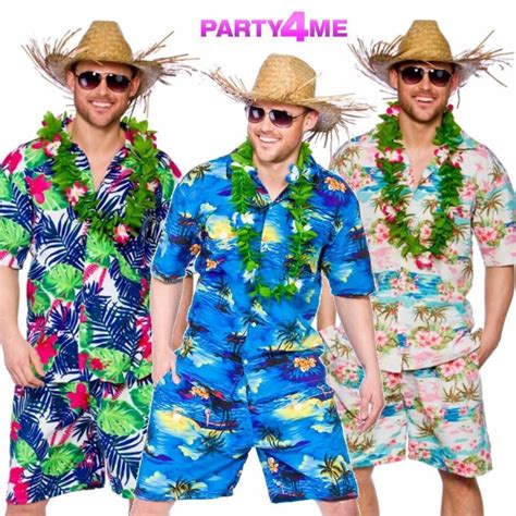 MENS HAWAIIAN SHIRT SHORTS STAG RETRO BEACH LUAU TROPICAL FANCY DRESS