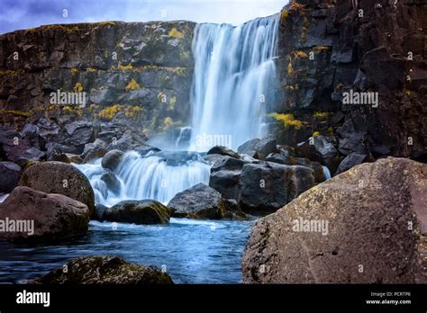 Oxarafoss Waterfall Iceland Inthingvellir National Park Stock Photo