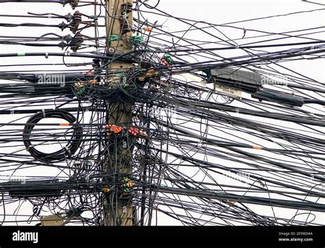 Mass Of Electric Cable Wiring On Pole Bangkok Thailand South East