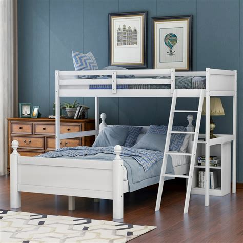 Euroco Wood Bunk Bed Twin Over Full Loft Bed With Storage Cabinet White
