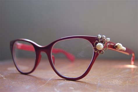 Vintage 50s Tura Eyeglasses Red With Gold Flower And Pearls