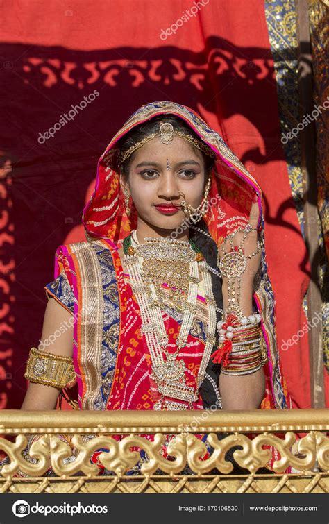 Indian Girl Wearing Traditional Rajasthani Dress Participate In Desert