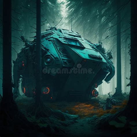 Beautiful Cyberpunk Forest Futuristic Style Stock Illustration