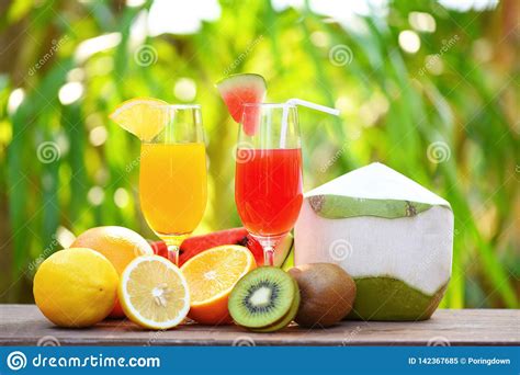 Set Of Tropical Fruits Colorful And Fresh Summer Juice Glass Healthy