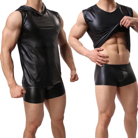 Men S Sexy Black Faux Leather Vest Muscle Sleeveless Slim Fitness Tight