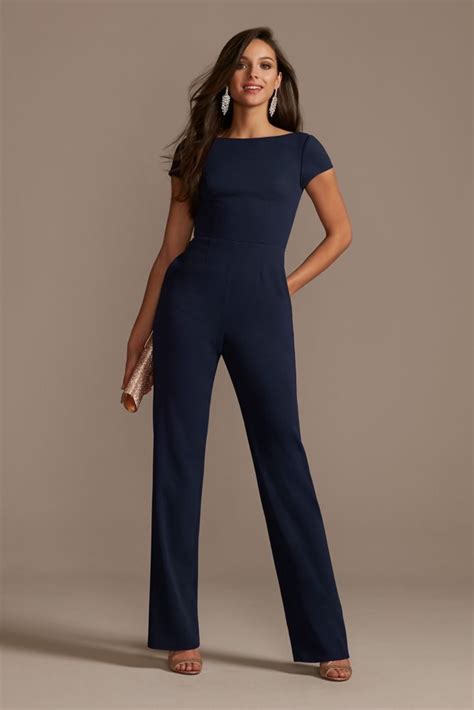 Short Sleeve Stretch Crepe Jumpsuit With Open Back Davids Bridal Jumpsuit Outfit Wedding