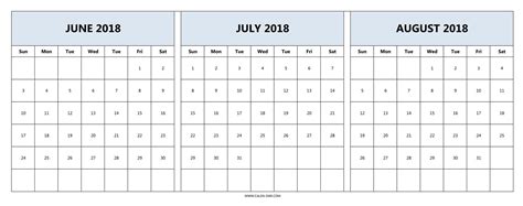 Monthly Calender June July August Calendar Template Printable