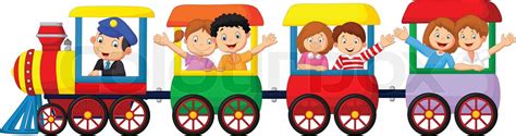 Happy Kids Cartoon On A Colorful Train Stock Vector Colourbox