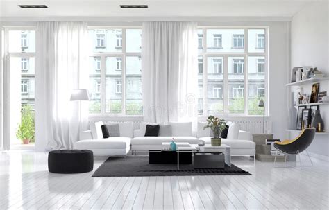 Modern White Living Room Interior With Splendid Seascape View Stock