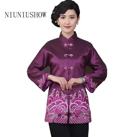 Purple Chinese Traditional Tang Suit Slim Outwear Womens Embroider Coats Jackets National Women