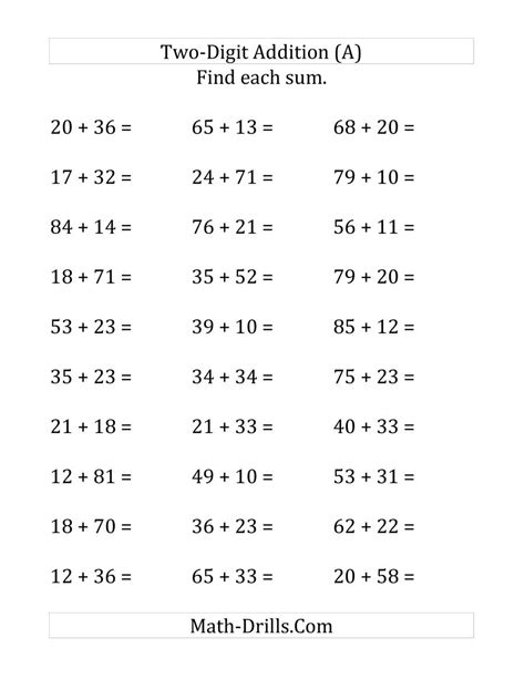 This addition worksheet is in a vertical problem format. Horizontal Two-Digit Addition No Regrouping (LP)