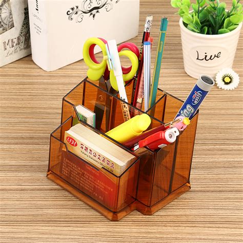 China Acrylic Desktop Pen And Pencil Holders With Business Card Holder