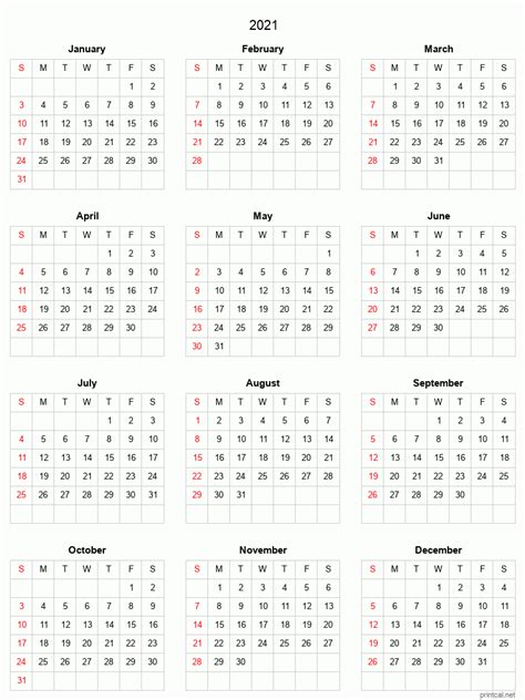 Printable Yearly Calendar With Boxes