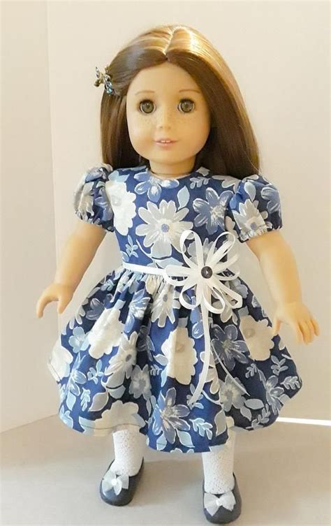 Blue Floral Cotton Party Dress Fits 18 Inch Dolls Such As American Girl