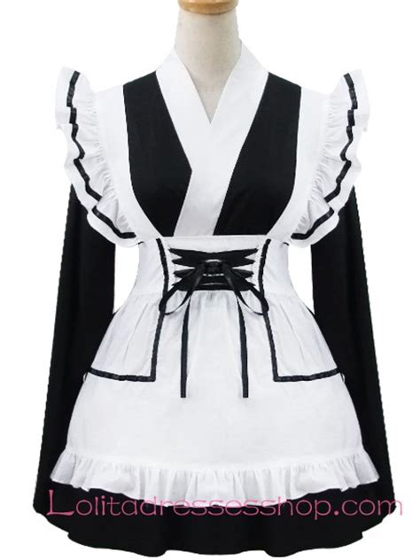 Cheap Black And White Cotton V Neck Flouncing Sweet Maid Lolita Dress