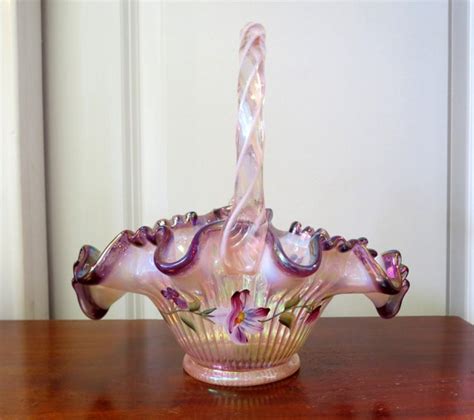 Vintage Fenton Purple Glass Basket Bowl With Flowers And Ribbon