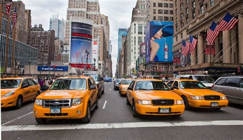 New York May 28 Group Of Yellow Taxi Cabs Rush Tourists Around