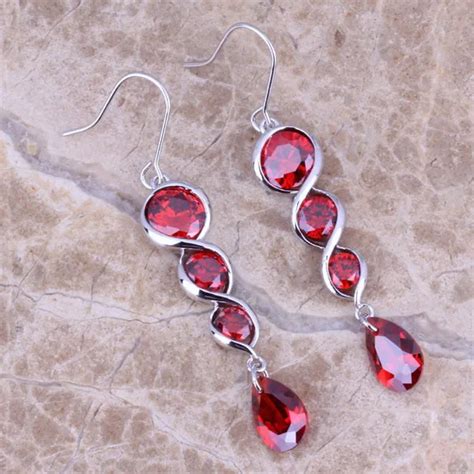 Lovely Red Garnet Sterling Silver Drop Dangle Earrings For Women