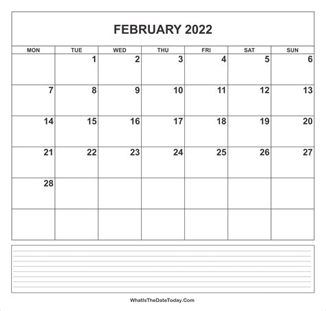 Calendar February 2022 With Notes Whatisthedatetodaycom